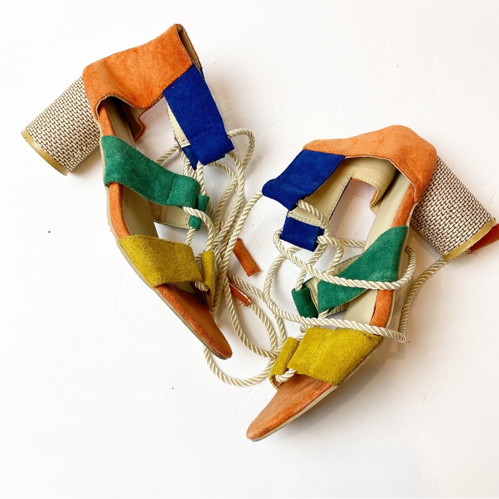 Fashion | Multi-Colored Rope Lace Up Round Heel Sandals in like new condition.